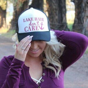 Lake Hair Don't Care Black White Trucker Hat Pink